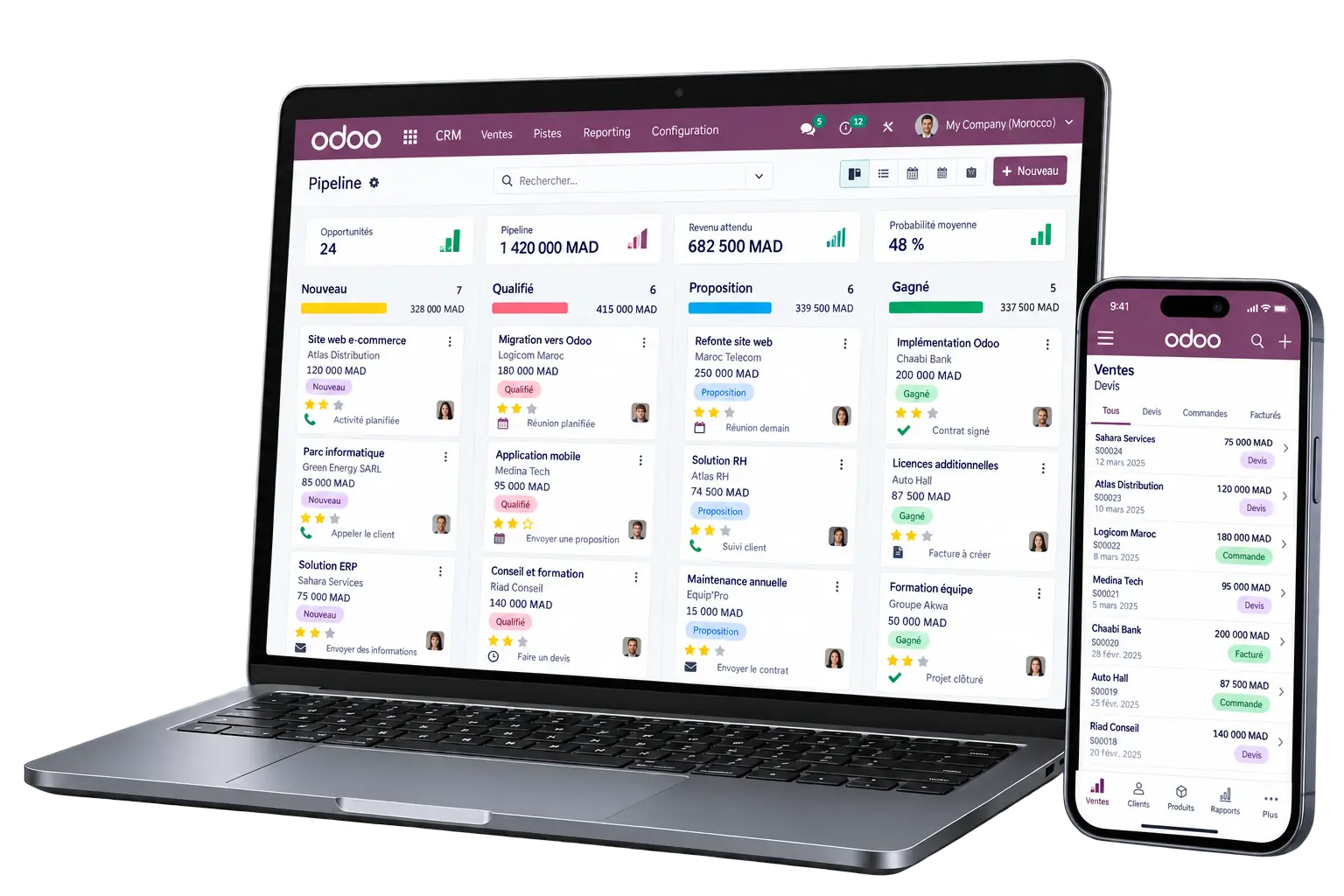 Odoo CRM affiché sur un ordinateur portable et un téléphone mobile